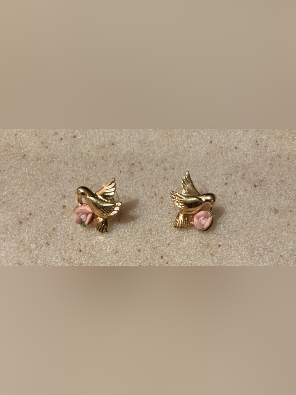 Avon Gold Dove Stud Earrings with Pink Rose Detail